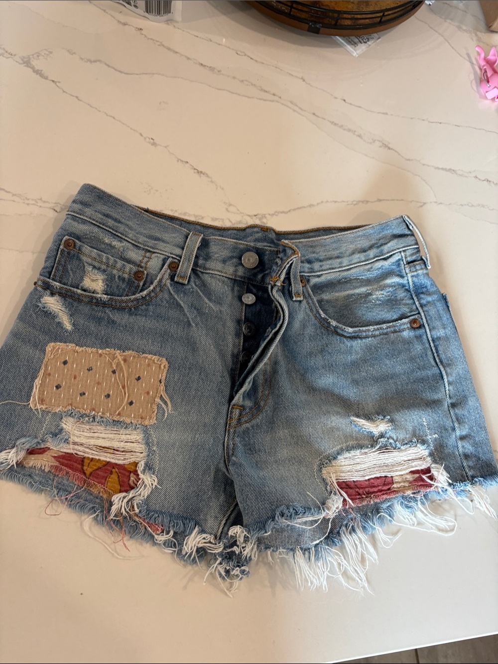 Distressed Light Blue Denim Women's Shorts with Patch Detail